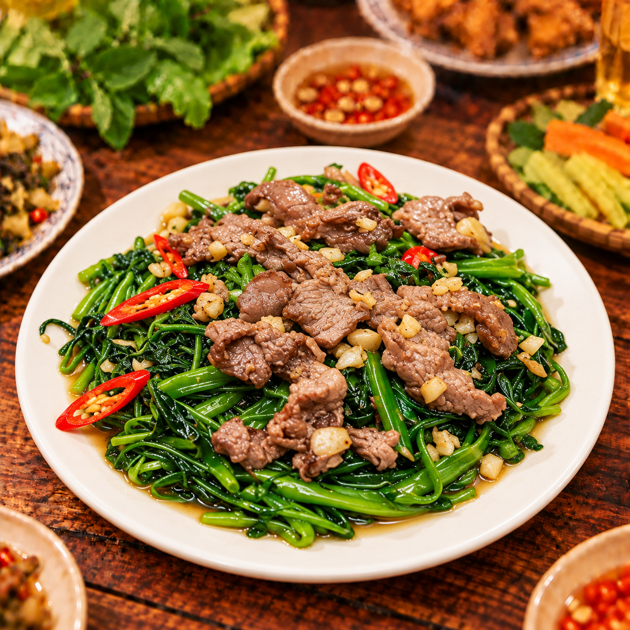 Thịt trâu xào rau muống