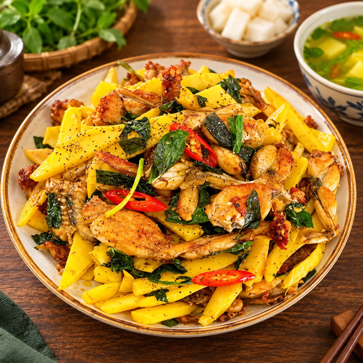 Ếch xào sả ớt hoặc măng cay